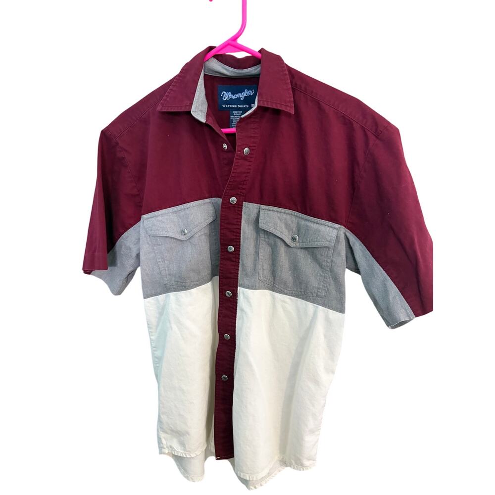 Wrangler Western Shirt Men's Small Burgundy Gray Color Block Pearl Snap Cowboy